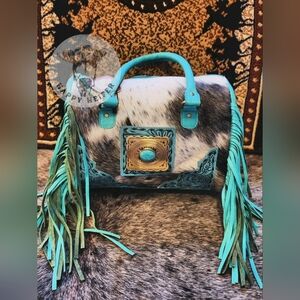 Turquoise Western Speedy Bag Genuine Cowhide And Handtooled Leather